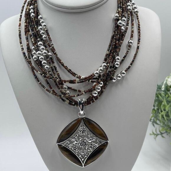 Joan Rivers Vintage Tigers Eye Bird Call Pendant 10 Strand Beaded Necklace - Picture 2 of 14